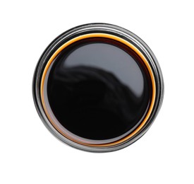 Bowl of tasty soy sauce isolated on white, top view