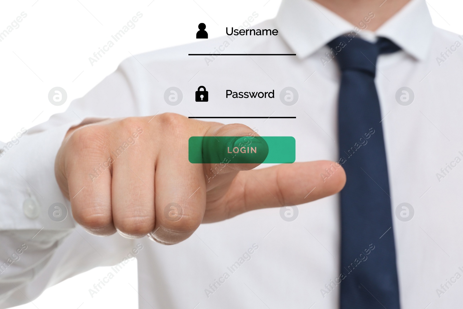 Image of Illustration of authorization interface and man pressing button LOGIN on white background, closeup