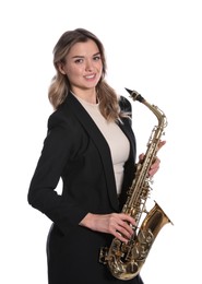 Beautiful young woman in elegant suit with saxophone on white background