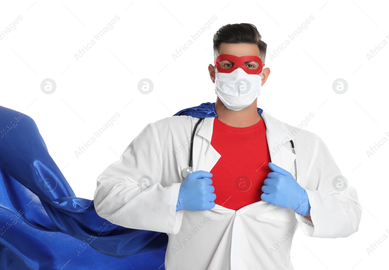 Photo of Doctor wearing face mask and cape on white background. Super hero power for medicine