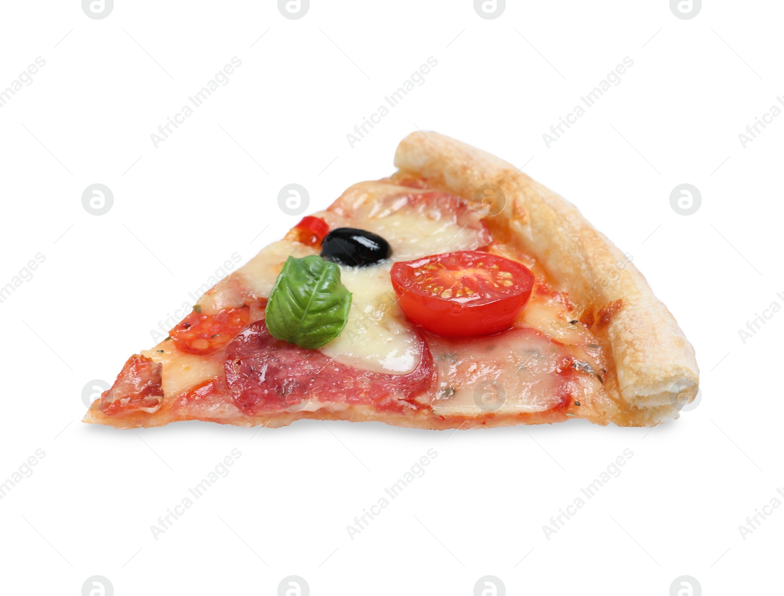 Photo of Slice of delicious pizza Diablo isolated on white