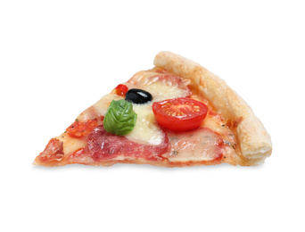 Photo of Slice of delicious pizza Diablo isolated on white
