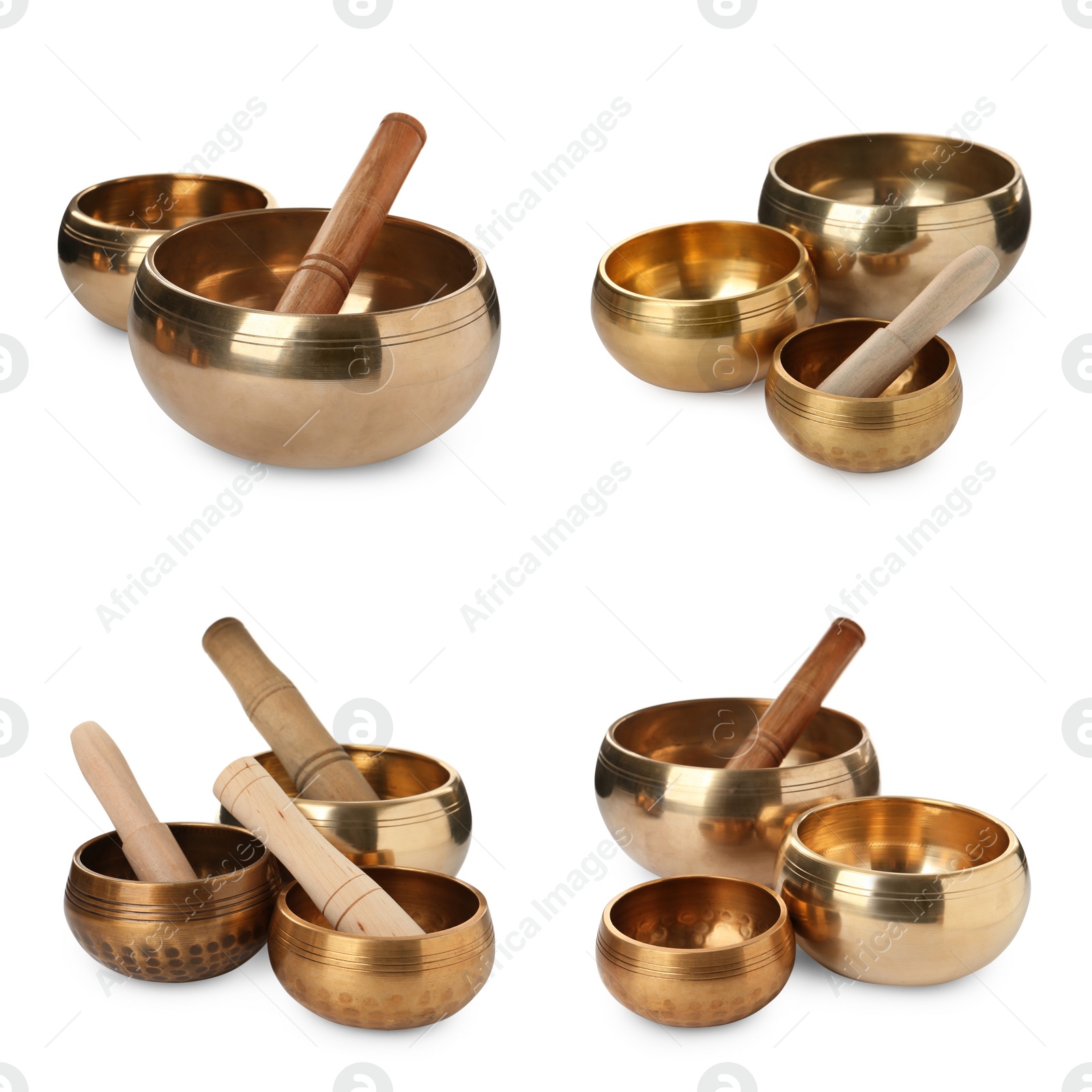 Image of Set with Tibetan singing bowls on white background