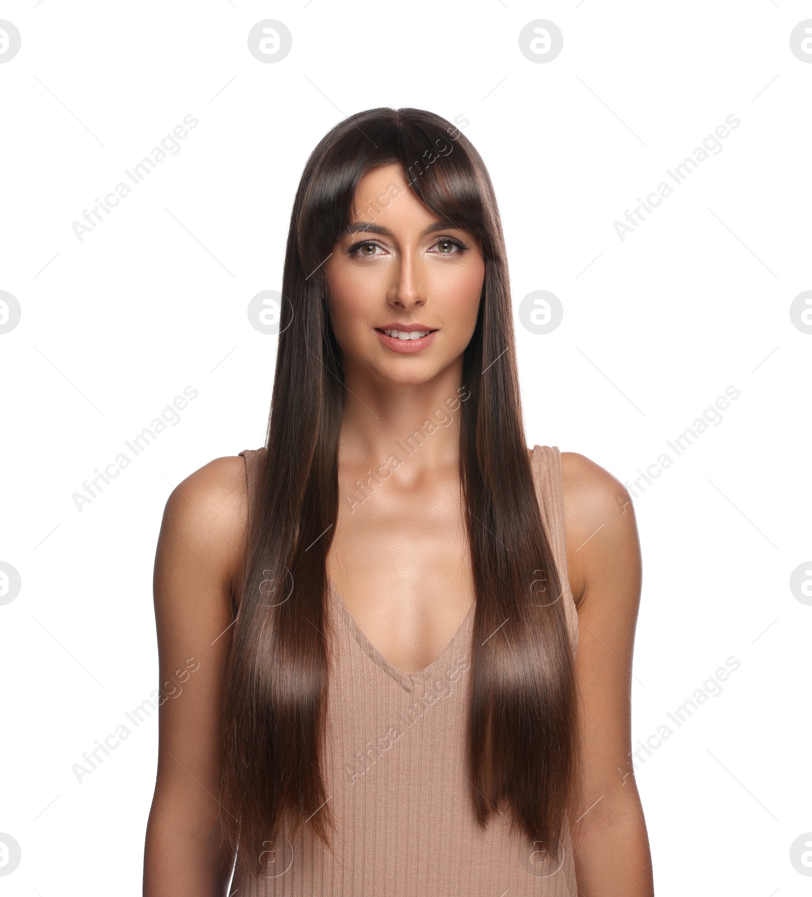 Image of Attractive woman with shiny straight hair on white background. Professional hairstyling