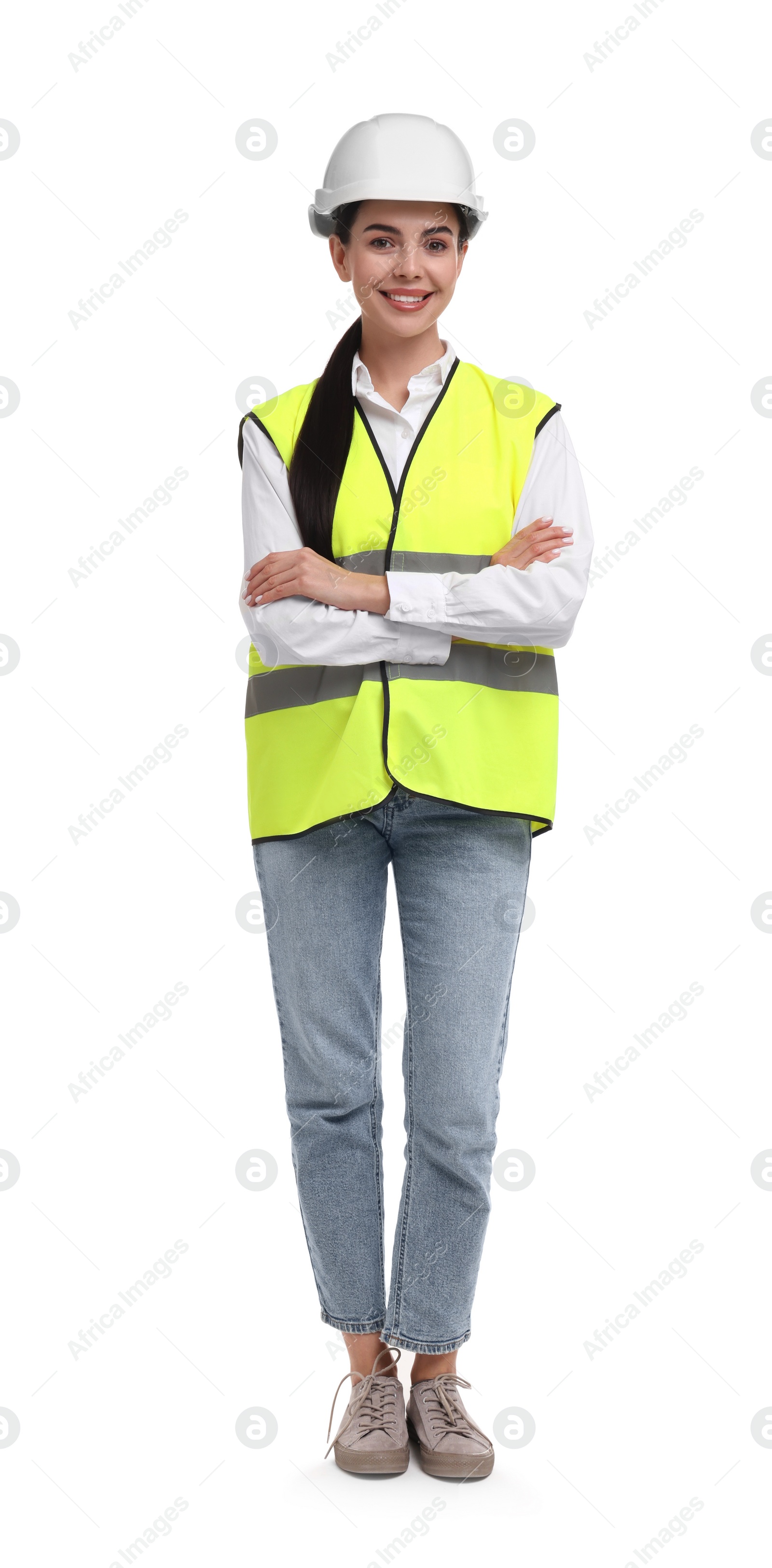 Photo of Engineer in hard hat on white background