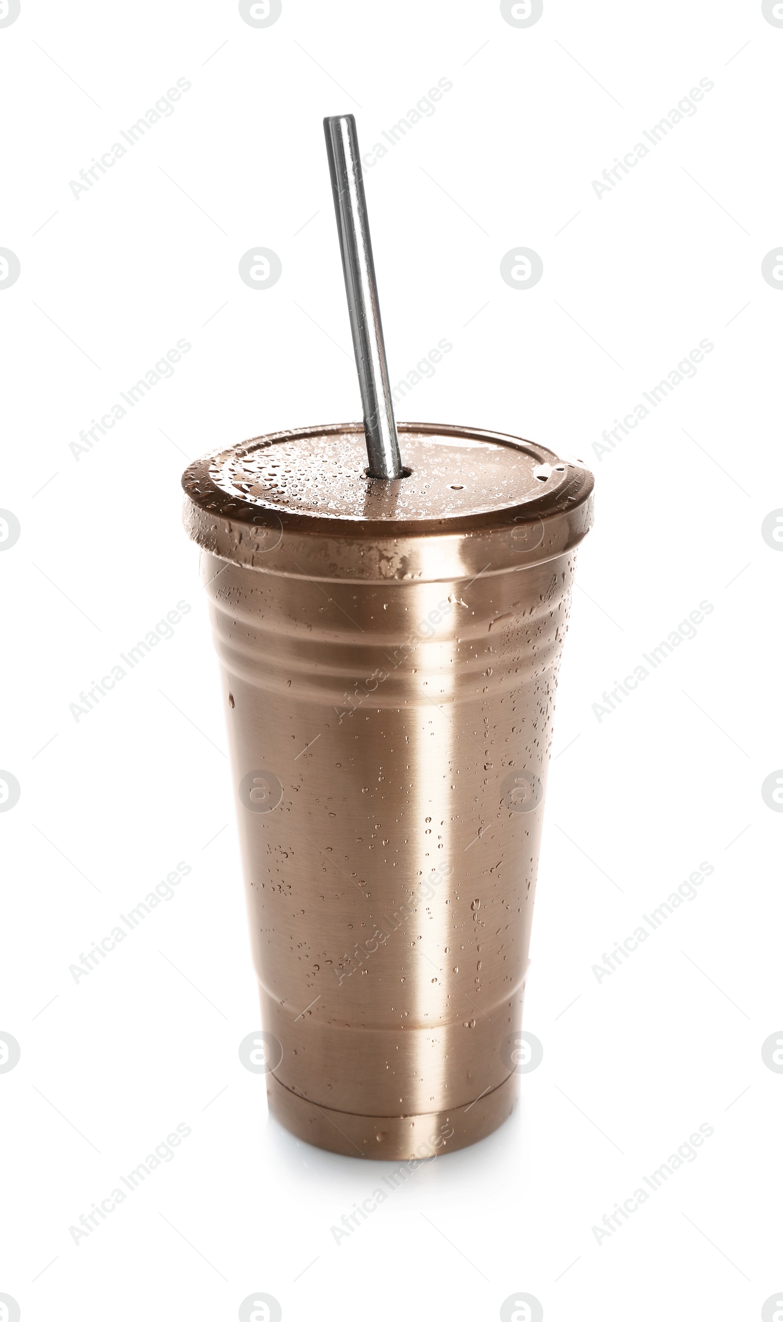 Photo of Golden coffee cup with straw isolated on white