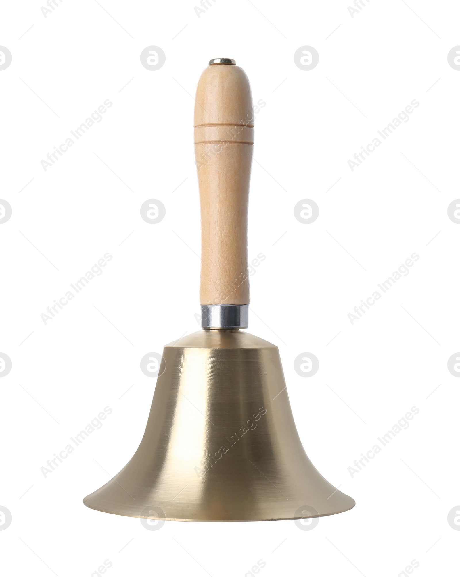 Photo of Golden school bell with wooden handle isolated on white