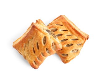 Photo of Fresh tasty puff pastry on white background, top view