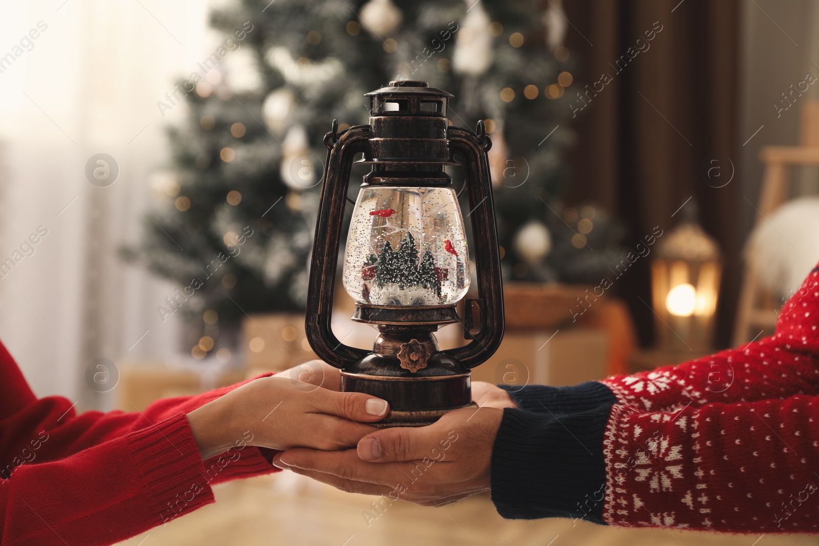 Photo of Couple in Santa hats holding snow globe in room with Christmas tree, closeup