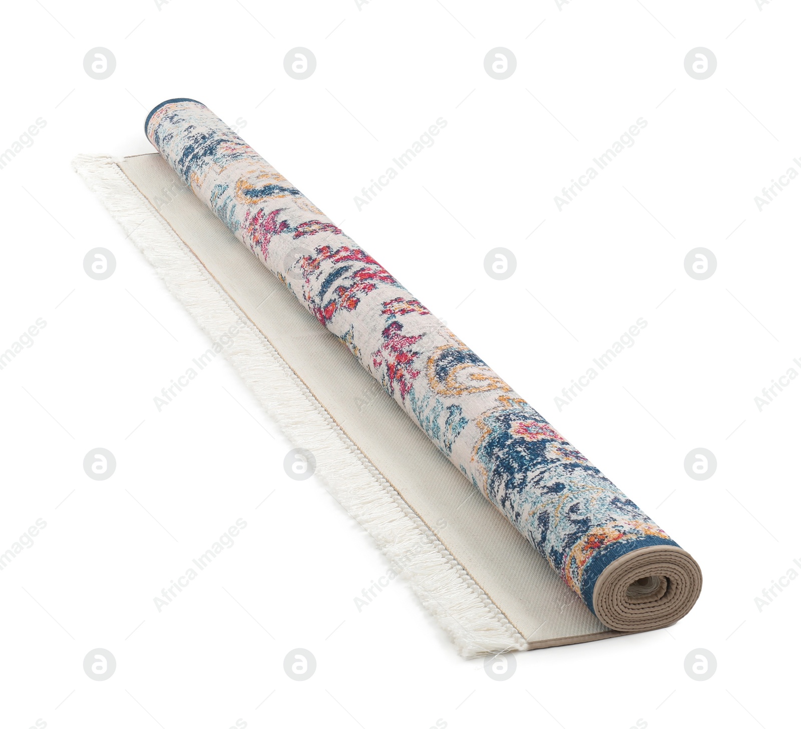 Photo of Rolled carpet with pattern on white background. Interior element