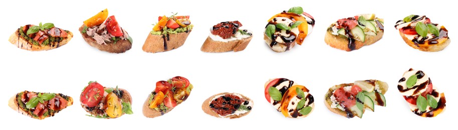 Image of Collection of delicious bruschettas with balsamic vinegar isolated on white, top and side views