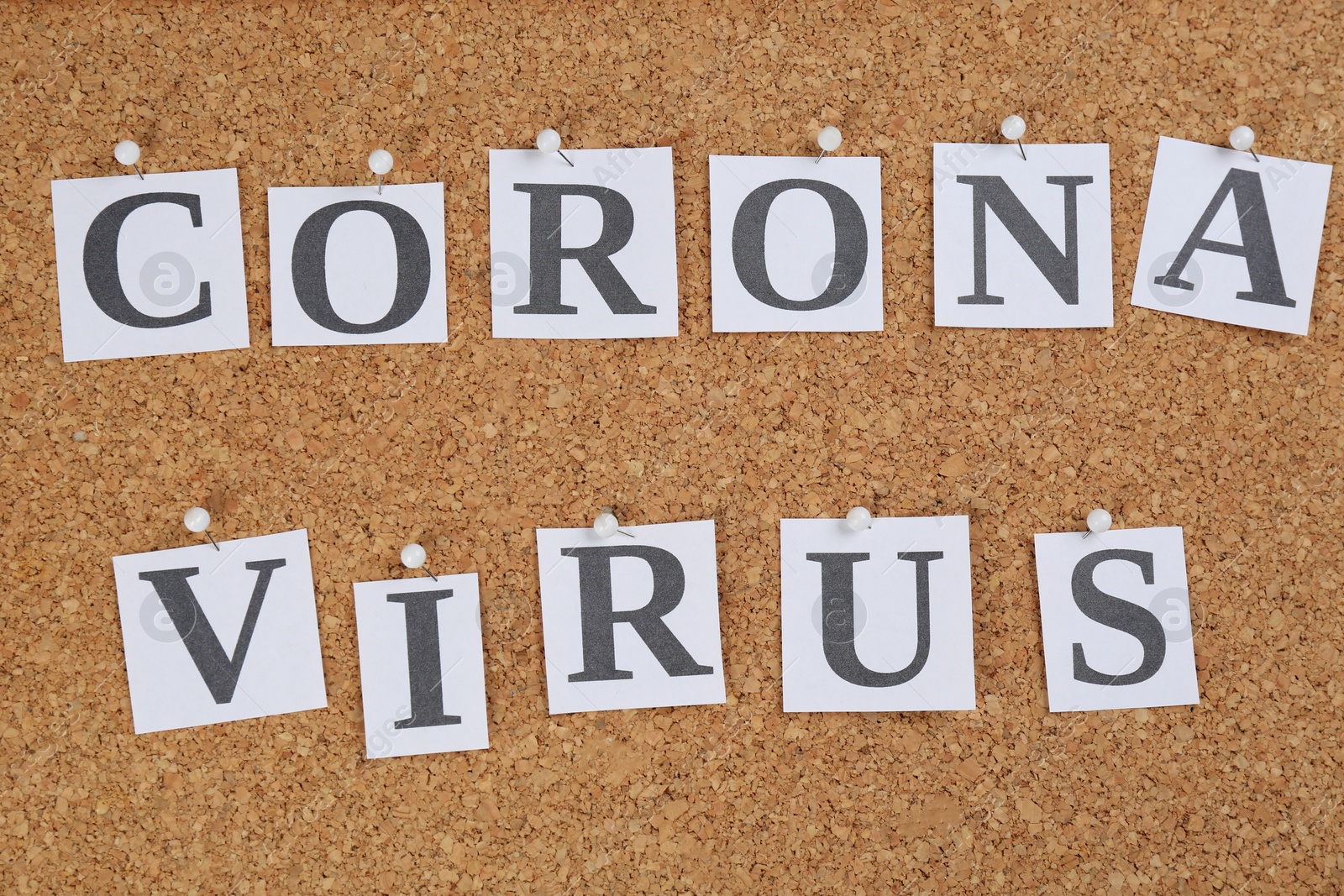 Photo of Words CORONA VIRUS pinned to corkboard, top view