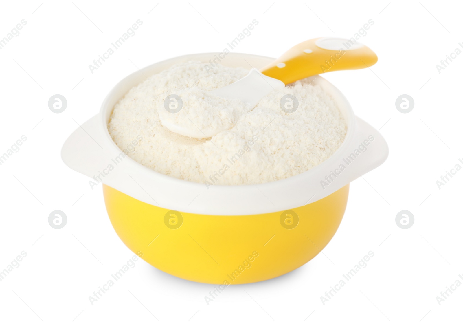 Photo of Dry healthy baby food in bowl on white background