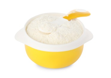 Photo of Dry healthy baby food in bowl on white background