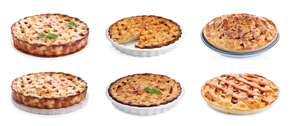 Image of Set of traditional apple pies on white background. Banner design