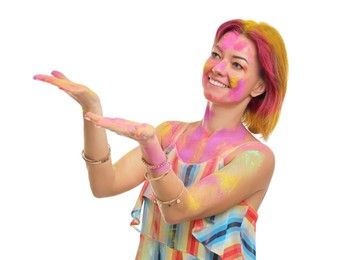 Photo of Woman covered with colorful powder dyes on white background. Holi festival celebration