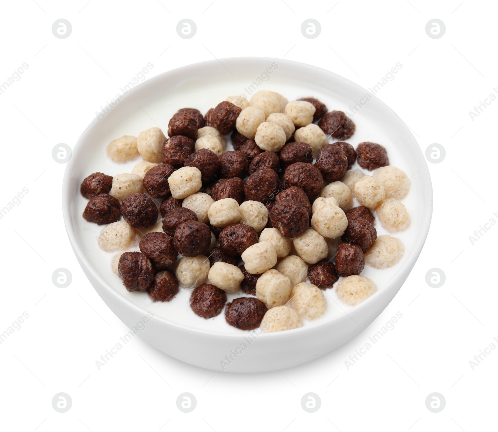 Photo of Breakfast cereal. Tasty corn balls with milk in bowl isolated on white