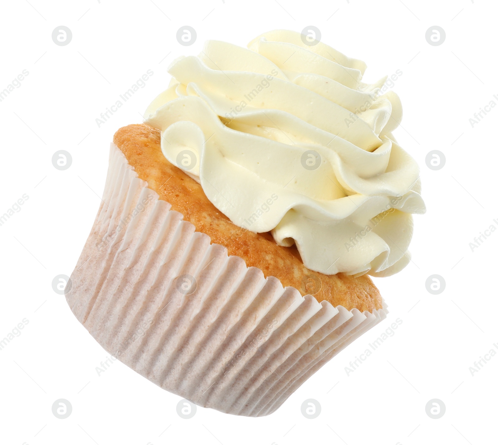 Photo of Tasty vanilla cupcake with cream isolated on white