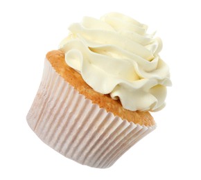 Tasty vanilla cupcake with cream isolated on white