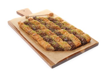 Photo of Delicious sweet baklava and honey dipper on white background