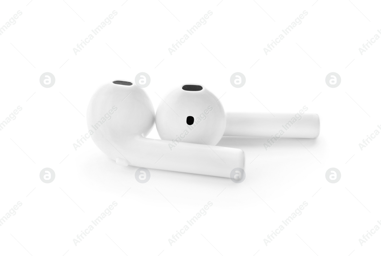 Photo of Pair of modern wireless earphones on white background