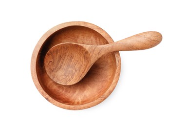 Photo of New handmade wooden spoon with bowl isolated on white, top view