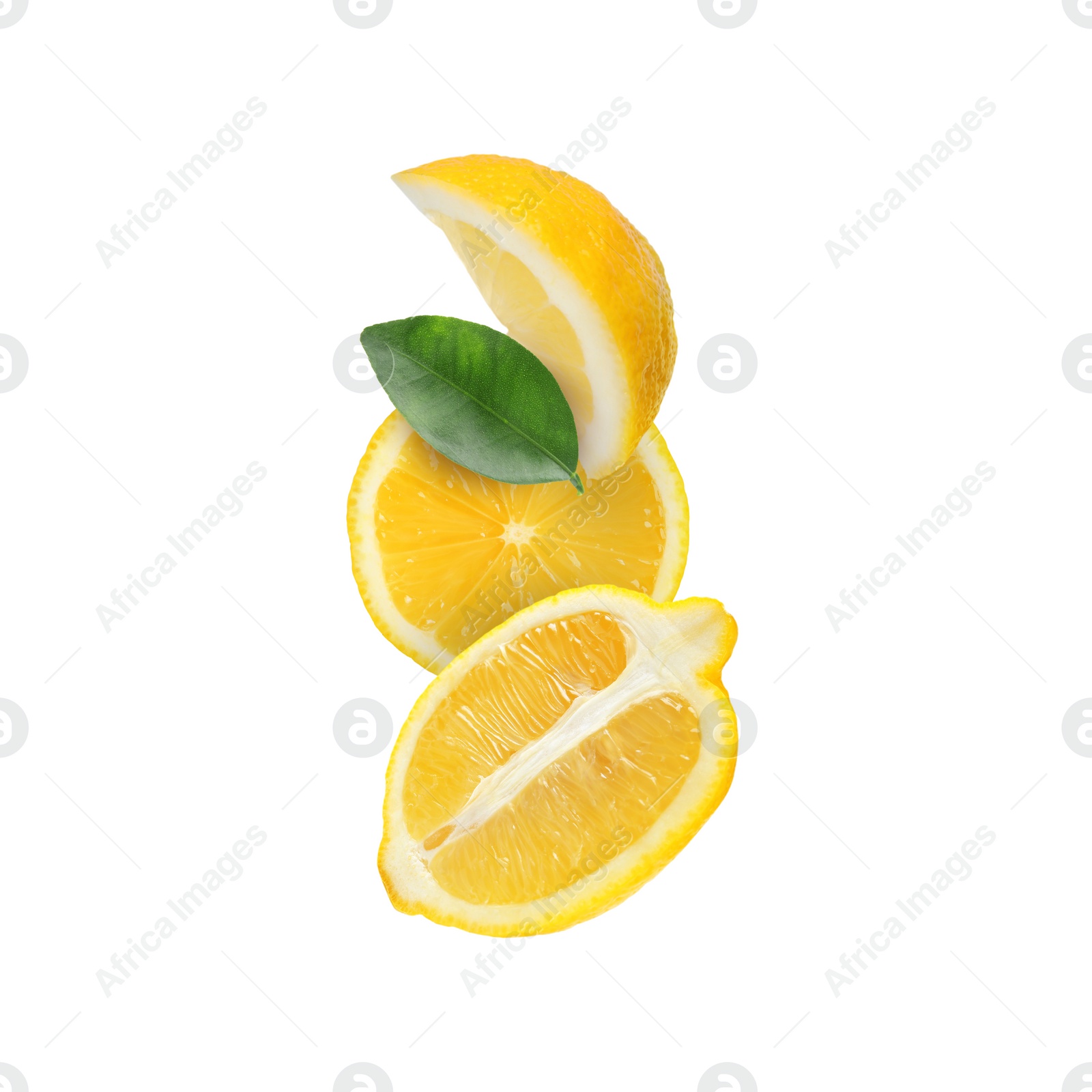 Image of Cut fresh lemons with green leaf isolated on white