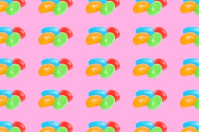Collage with tasty jelly candies on pink background, pattern design