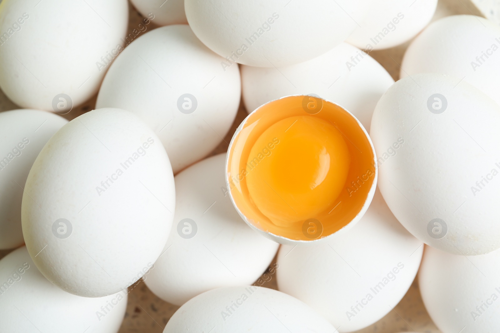 Photo of Fresh raw chicken eggs as background, top view