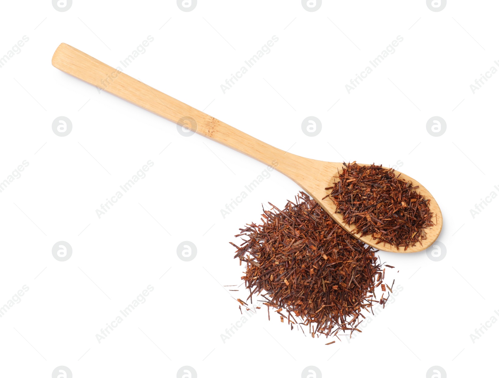 Photo of Rooibos tea and spoon isolated on white, top view