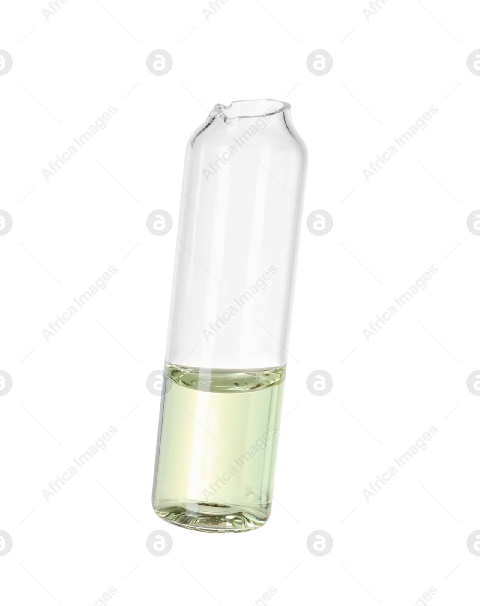 Photo of Open glass ampoule with liquid isolated on white