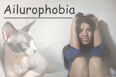 Woman suffering from ailurophobia on white background. Irrational fear of cats