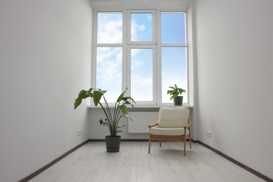 Photo of Empty renovated room with potted houseplants, armchair and windows