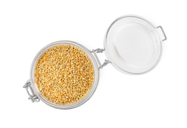 Fresh bee pollen granules in jar isolated on white, top view