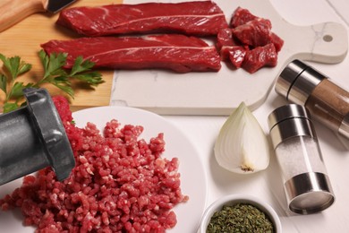 Manual meat grinder with beef, onion and spices on white table