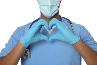 Doctor or medical assistant (male nurse) making heart with hands on white background, closeup