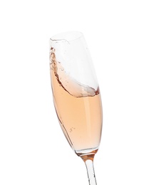 Glass of rose champagne on white background