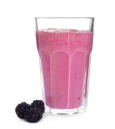 Photo of Glass of blackberry smoothie and berries on white background
