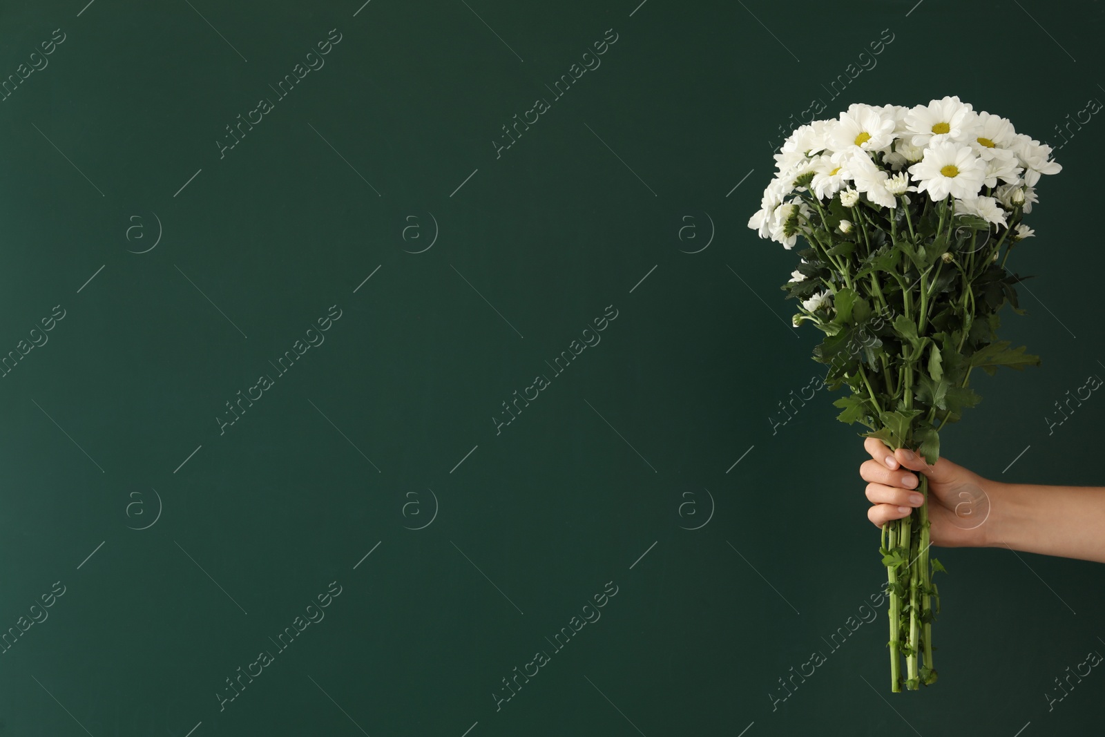 Photo of Woman holding beautiful bouquet near green chalkboard, space for text. Happy Teacher's Day