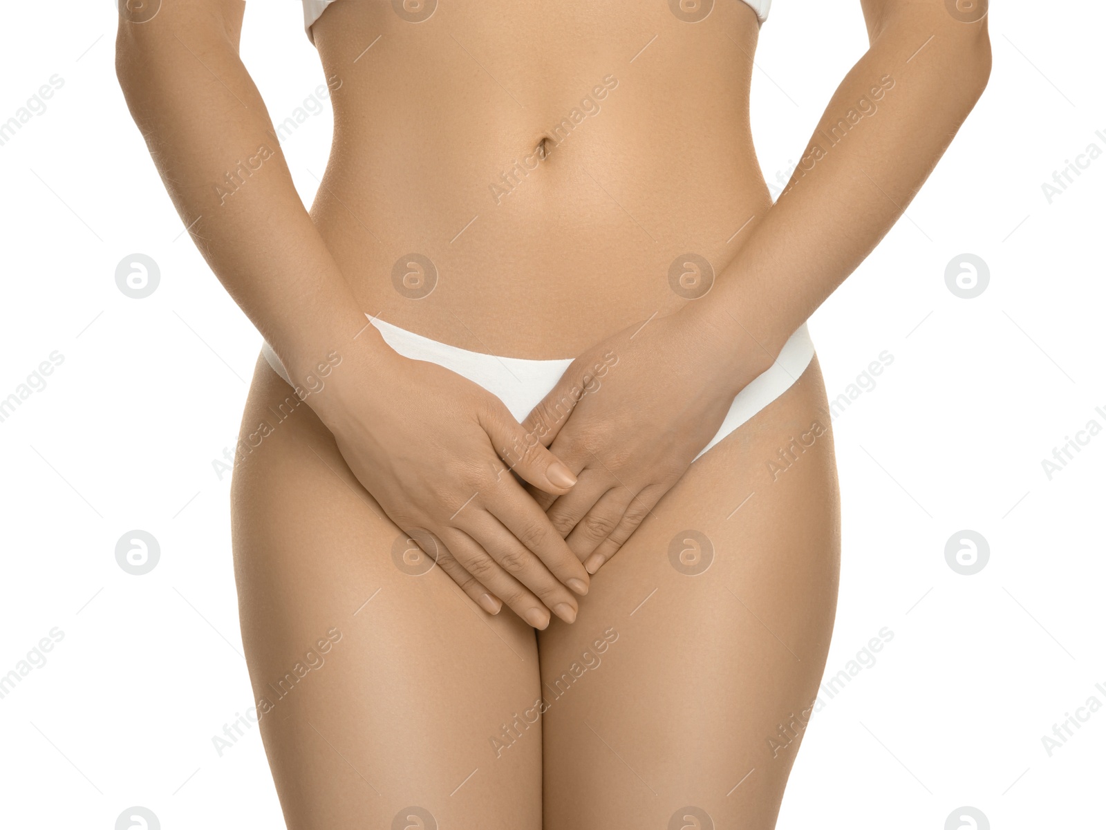 Photo of Gynecology. Woman in underwear on white background, closeup