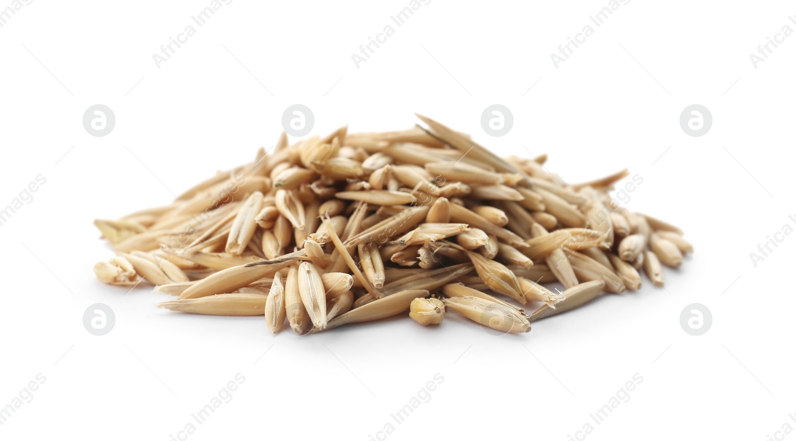 Photo of Raw oats on white background. Healthy grains and cereals