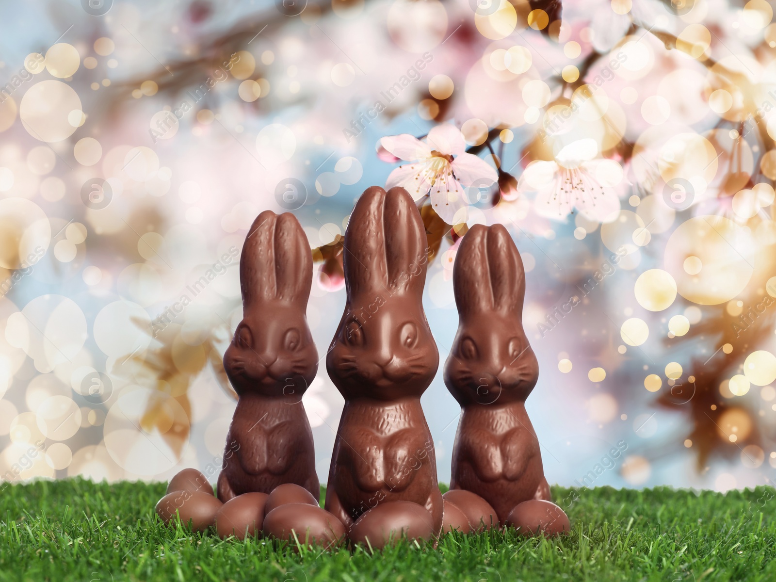 Image of Chocolate bunnies and eggs on green grass outdoors. Easter celebration