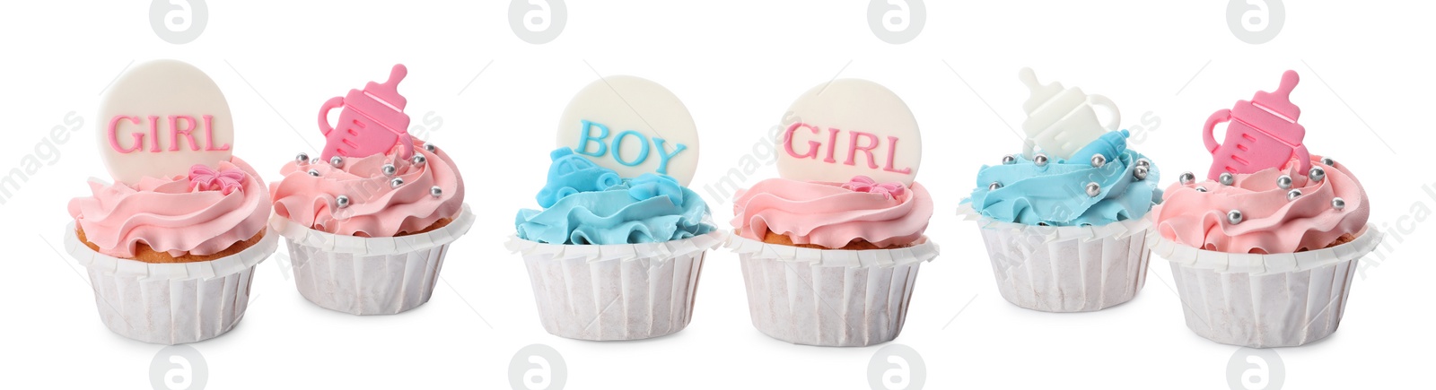 Image of Set of decorated baby shower cupcakes with blue and pink cream on white background. Banner design