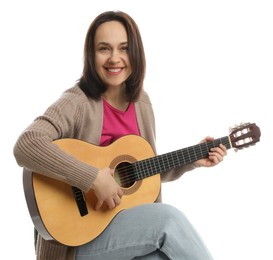 Music teacher playing guitar on white background