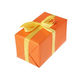 Orange gift box with yellow bow isolated on white