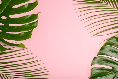 Flat lay composition with tropical leaves on color background