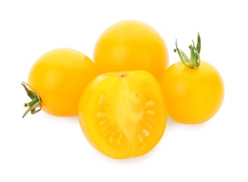 Photo of Delicious ripe yellow cherry tomatoes on white background