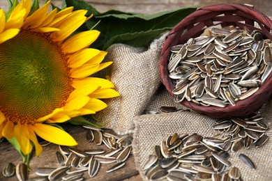 Organic sunflower seeds and flower on table, closeup