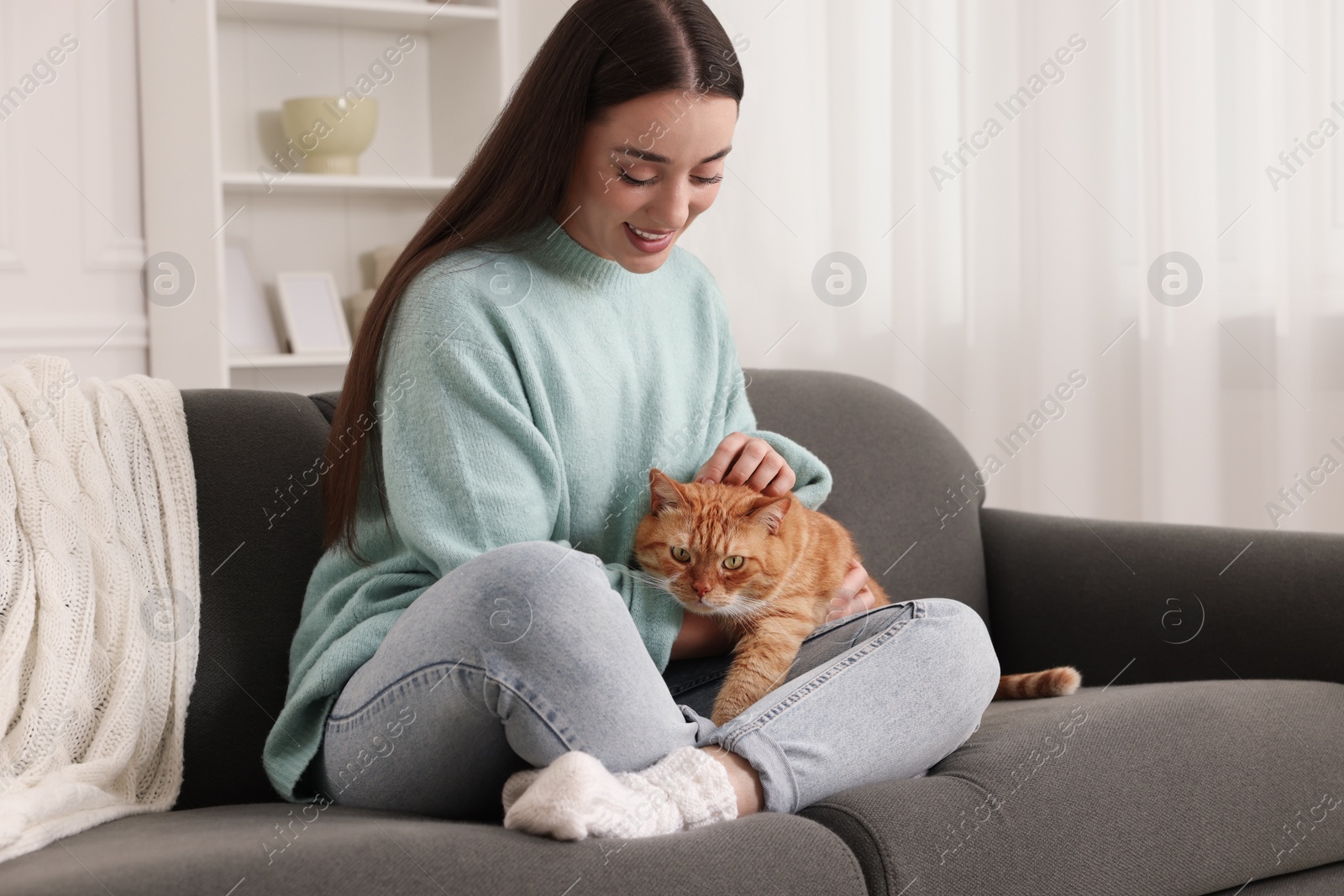 Photo of Beautiful woman petting cute cat on sofa at home