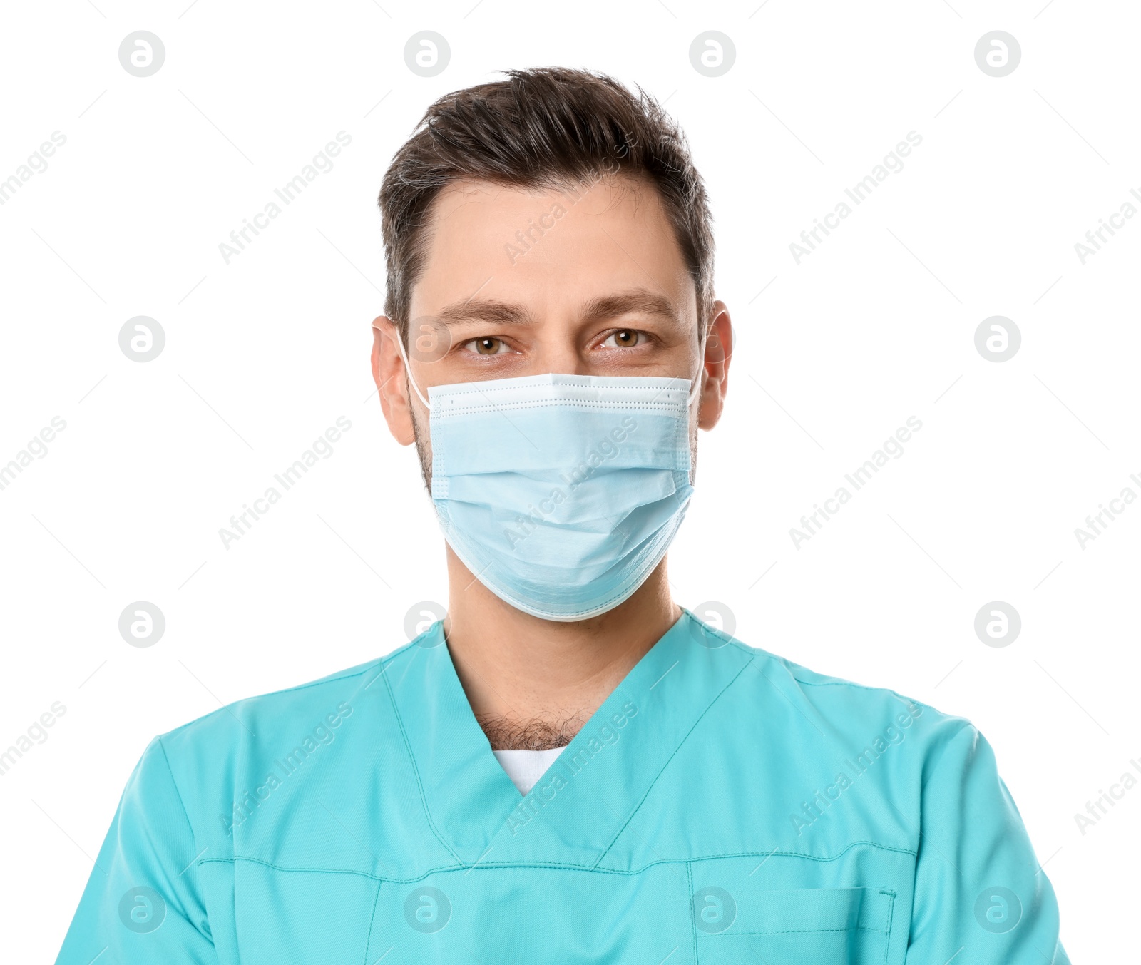 Photo of Doctor or medical assistant (male nurse) in uniform with protective mask on white background